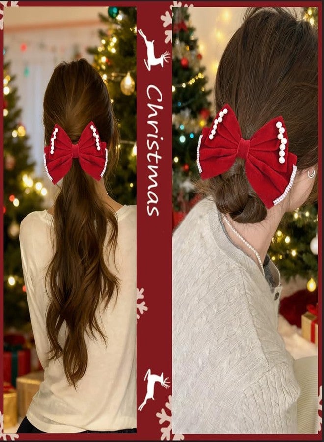 Sdopbinbin Red Christmas Bow Hair Clips Barrettes for Women Girls Pearl Bow Hair Accessories for Girls Large Red Bowknot Hair Clip Xmas Christmas Hair Accessories for Women French Elegant Hair Clip Pin - Image 4
